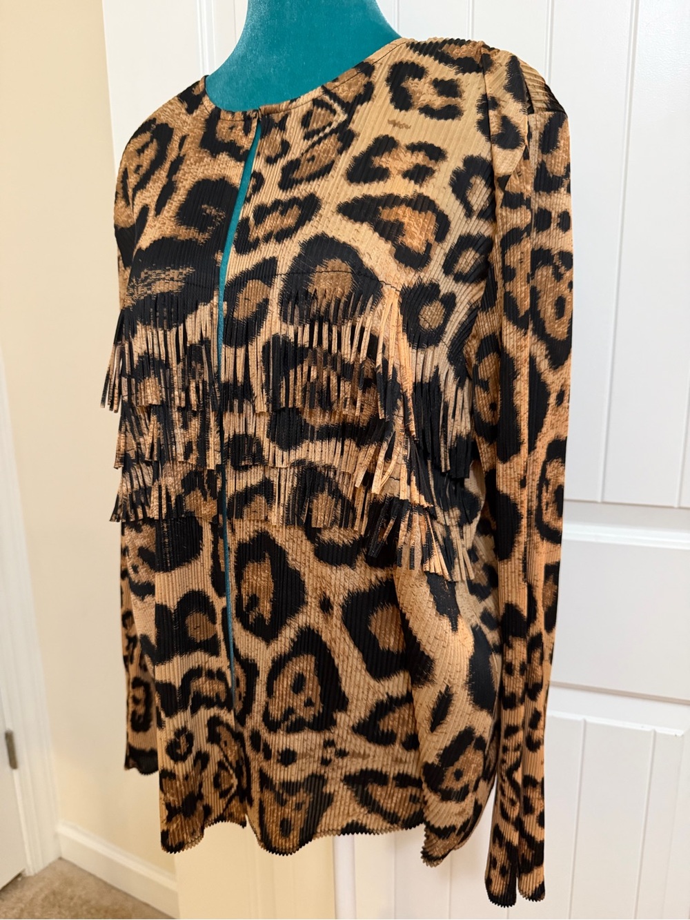 Chico's Pleated Brown & Black Leopard Fringe Knit Jacket/Cardigan Sz 3 (16R, XL)